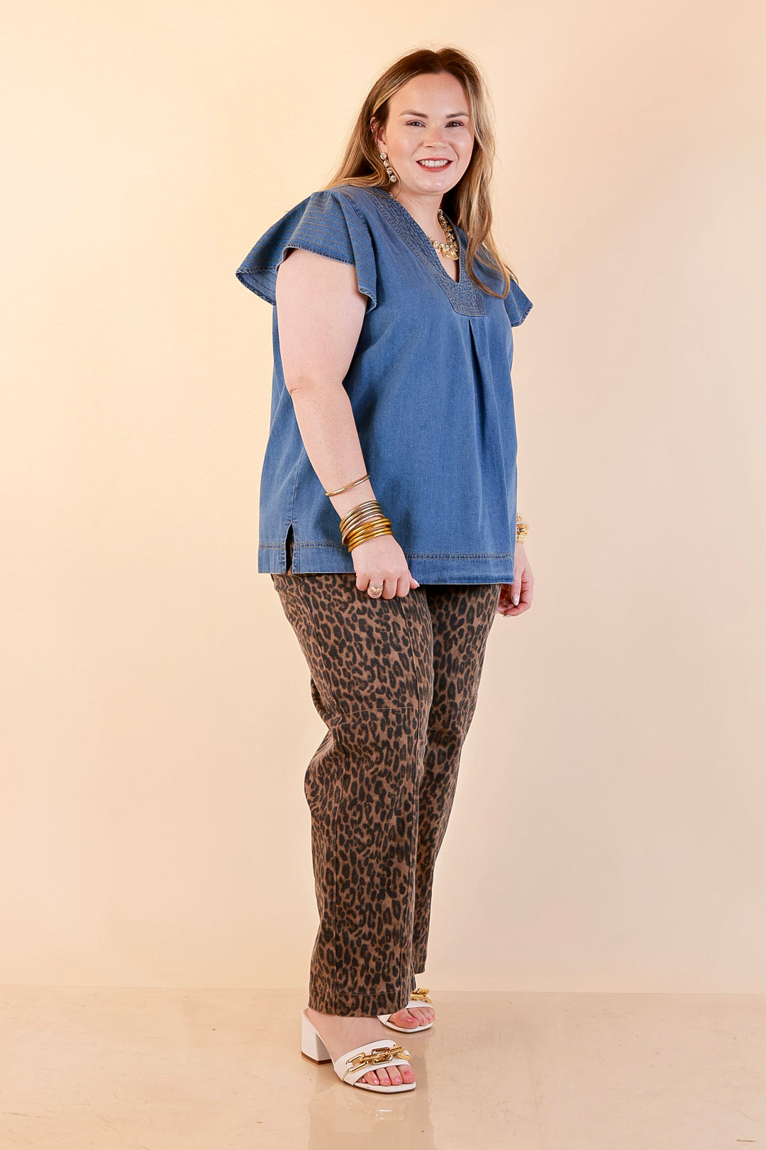 Clean and Collected V Neck Denim Top with Stitch Detail and Drop Shoulder Cap Sleeve in Medium Wash