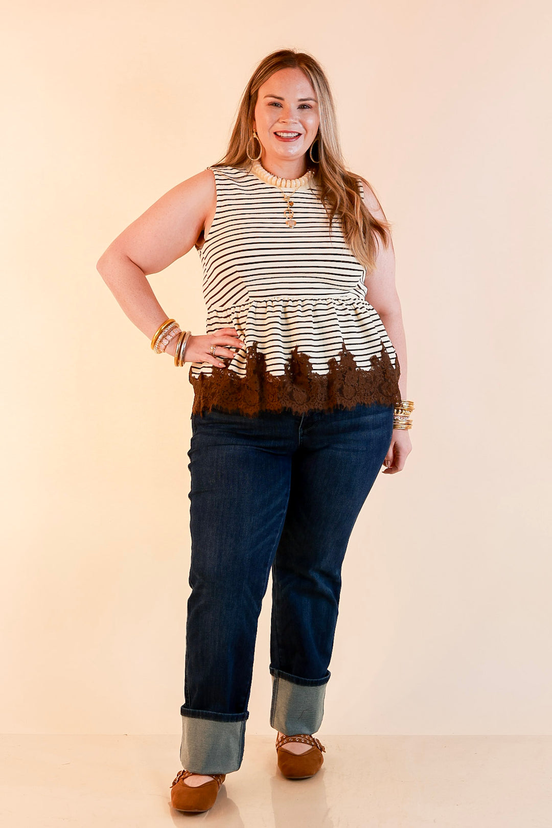 Sweet on Style Striped Peplum Sleeveless Tank Top with Lace Trim Detailing in Ivory and Chocolate Brown