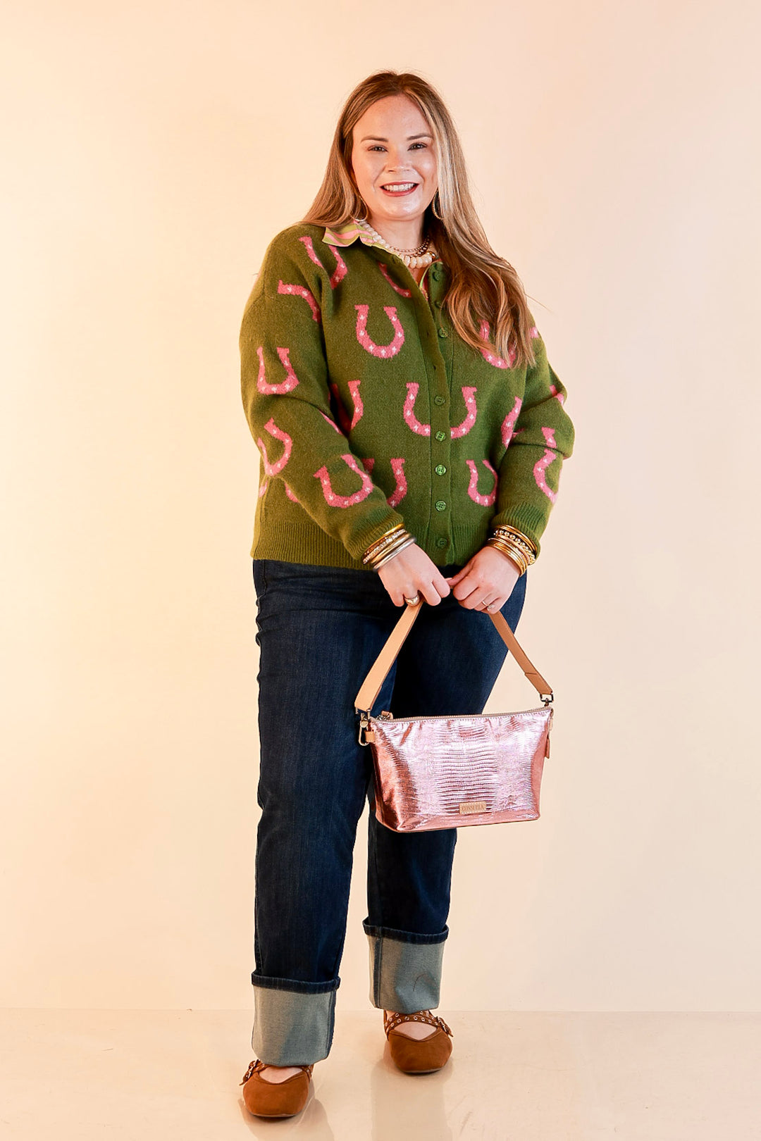 Lucky in Love Horseshoe Print Button Front Cardigan Sweater in Olive Green and Pink