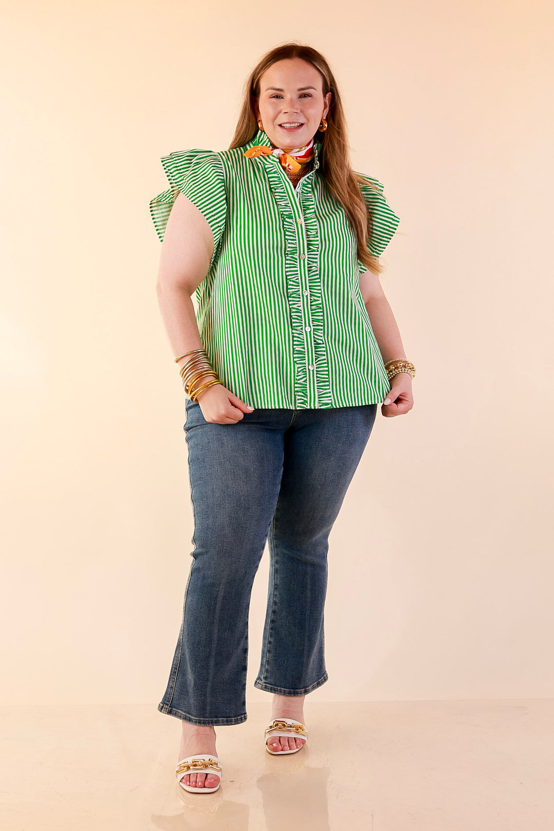 Polished Intentions Ruffle Short Sleeve Button Front Stripe Top in Green and White