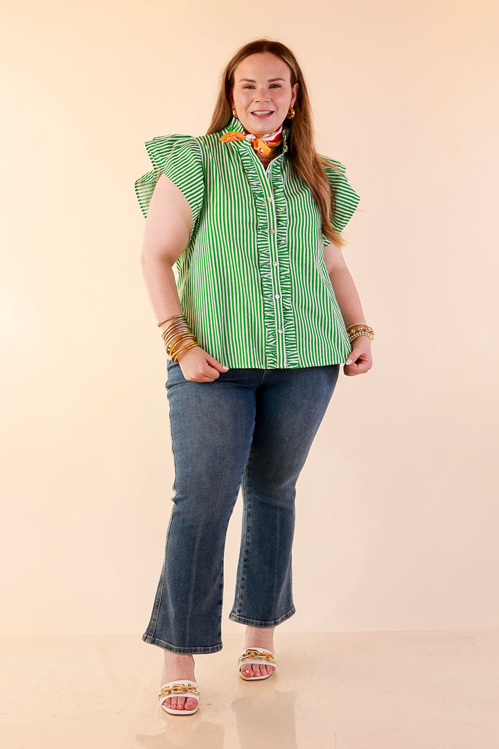 Polished Intentions Ruffle Short Sleeve Button Front Stripe Top in Green and White
