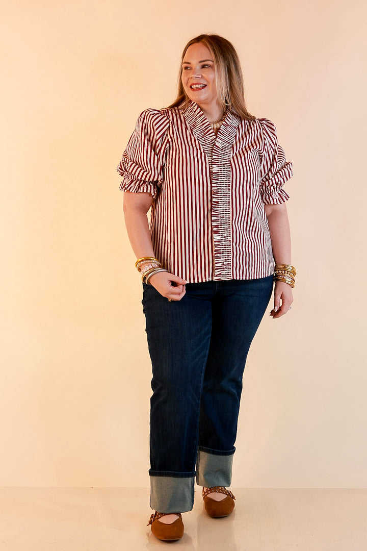 Made You Look Striped Ruffle Front and Sleeve Detailing with Puff Sleeves Blouse in Maroon and Ivory