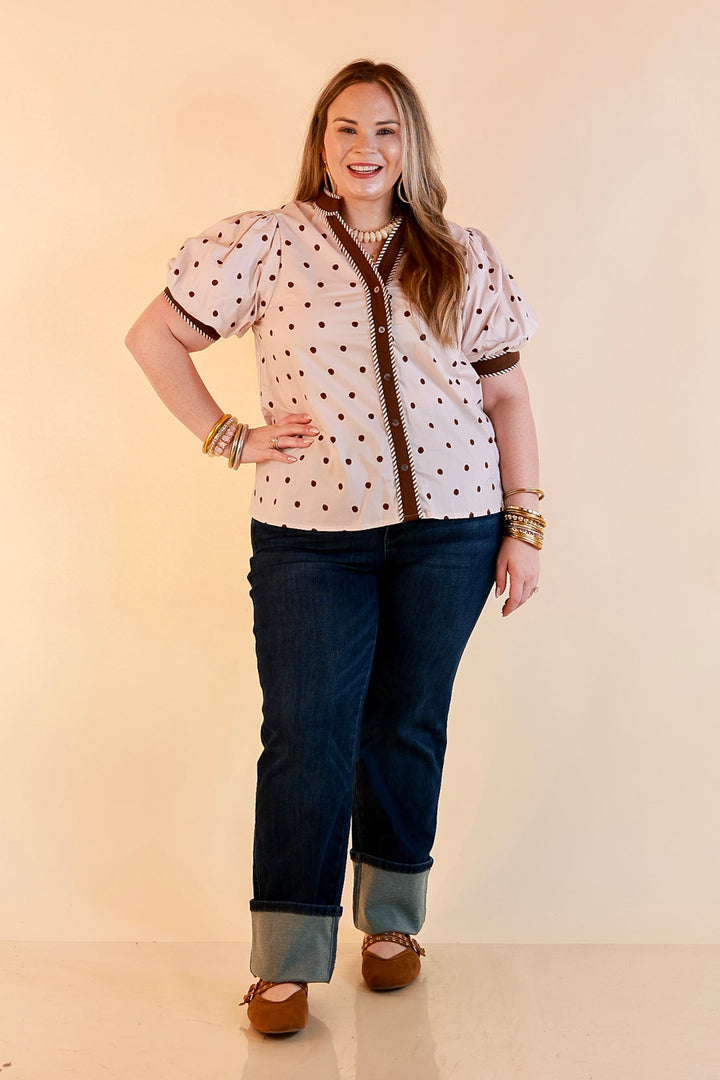 Pop of Polish Short Puff Sleeve Button Front Polka Dot Print Top with Contrast Trim in Ivory and Chocolate Brown