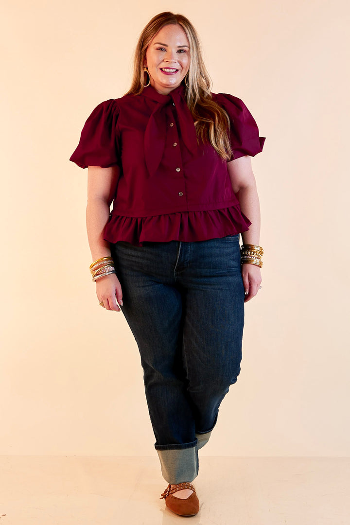 Present Company Solid Button Down Peplum Bubble Sleeve Tie Collar Top in Maroon