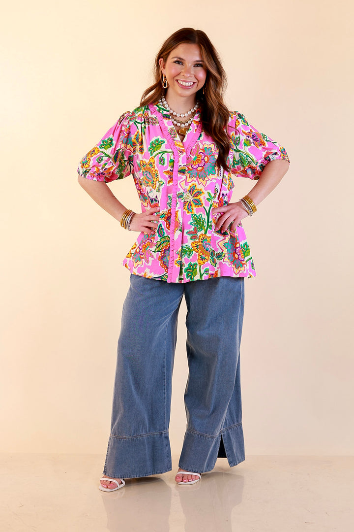 Petal Pop Floral Print Ruffle Front Button Up Top with Puff Sleeves in Pink