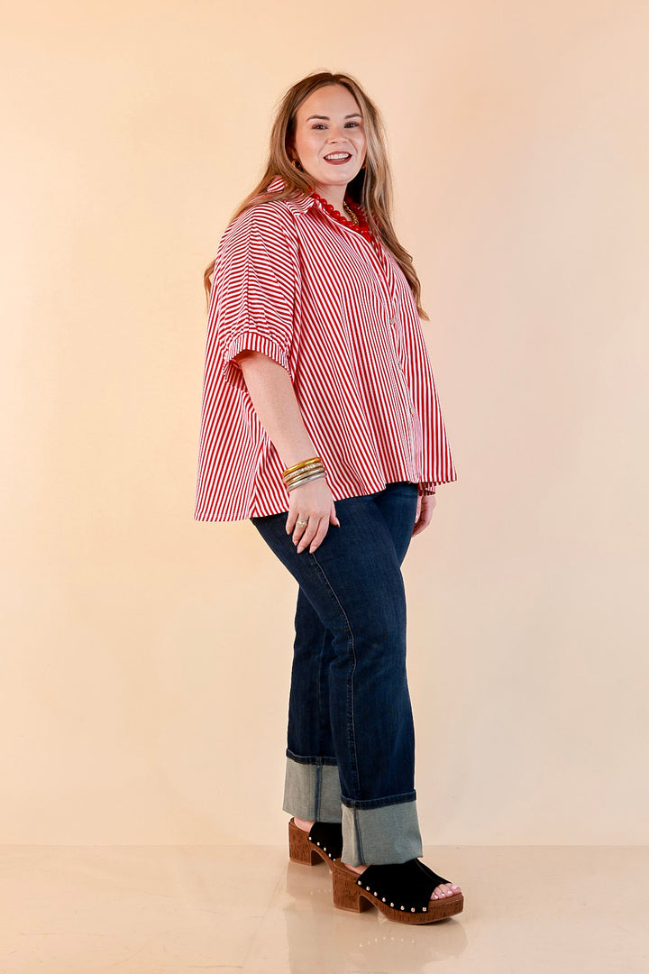 Perfectly Aligned Button Down Collared Top with Vertical Ivory Stripe Detail in Red