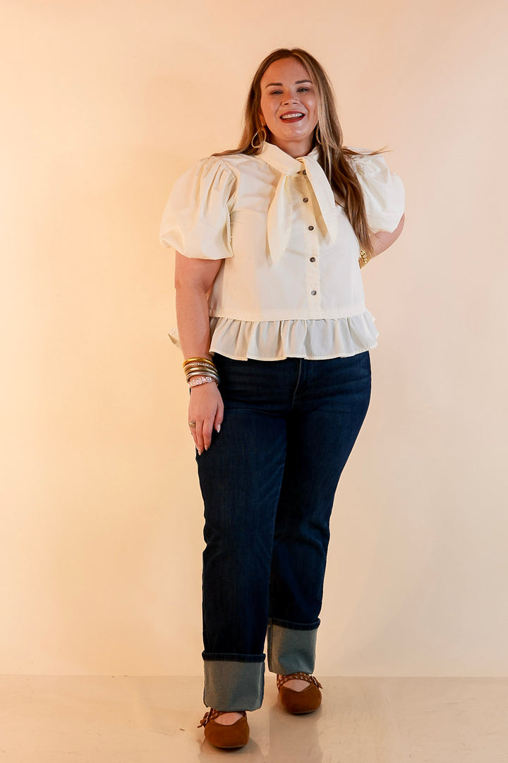 Present Company Solid Button Down Peplum Bubble Sleeve Tie Collar Top in Ivory