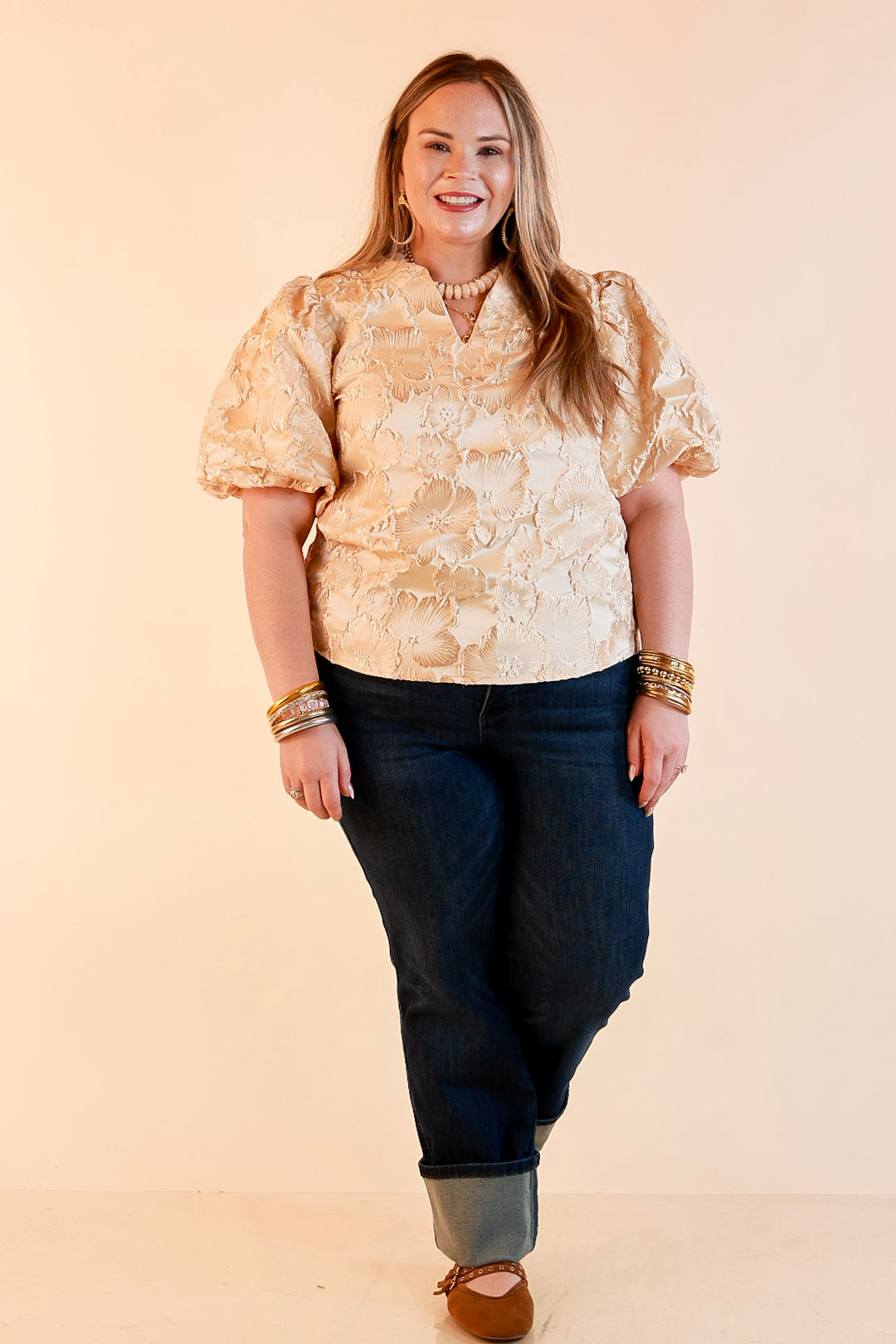 Pretty in Practice Textured Floral Print Puff Sleeve Blouse in Champagne Ivory