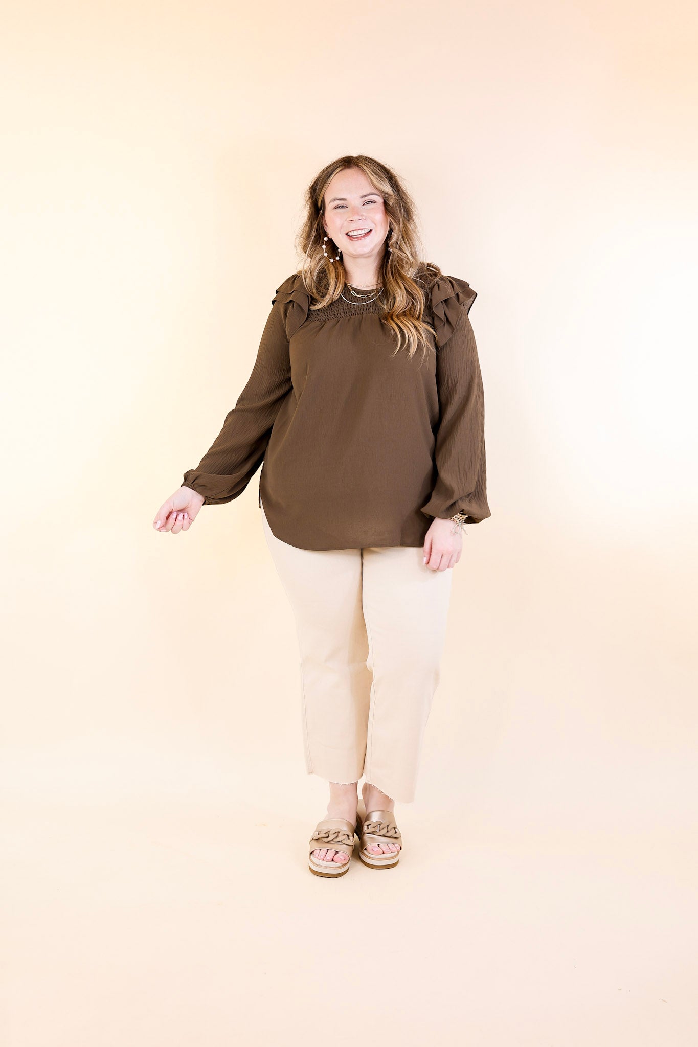 Balcony Nights Ruffle Shoulder Long Sleeve Blouse in Olive Brown