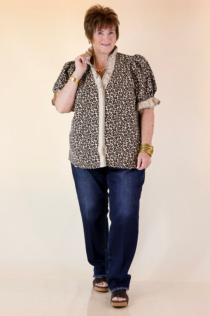 Endless Elegance Ruffled V Neck Leopard Print Top with Stripe Trim in Cream, Brown and Black