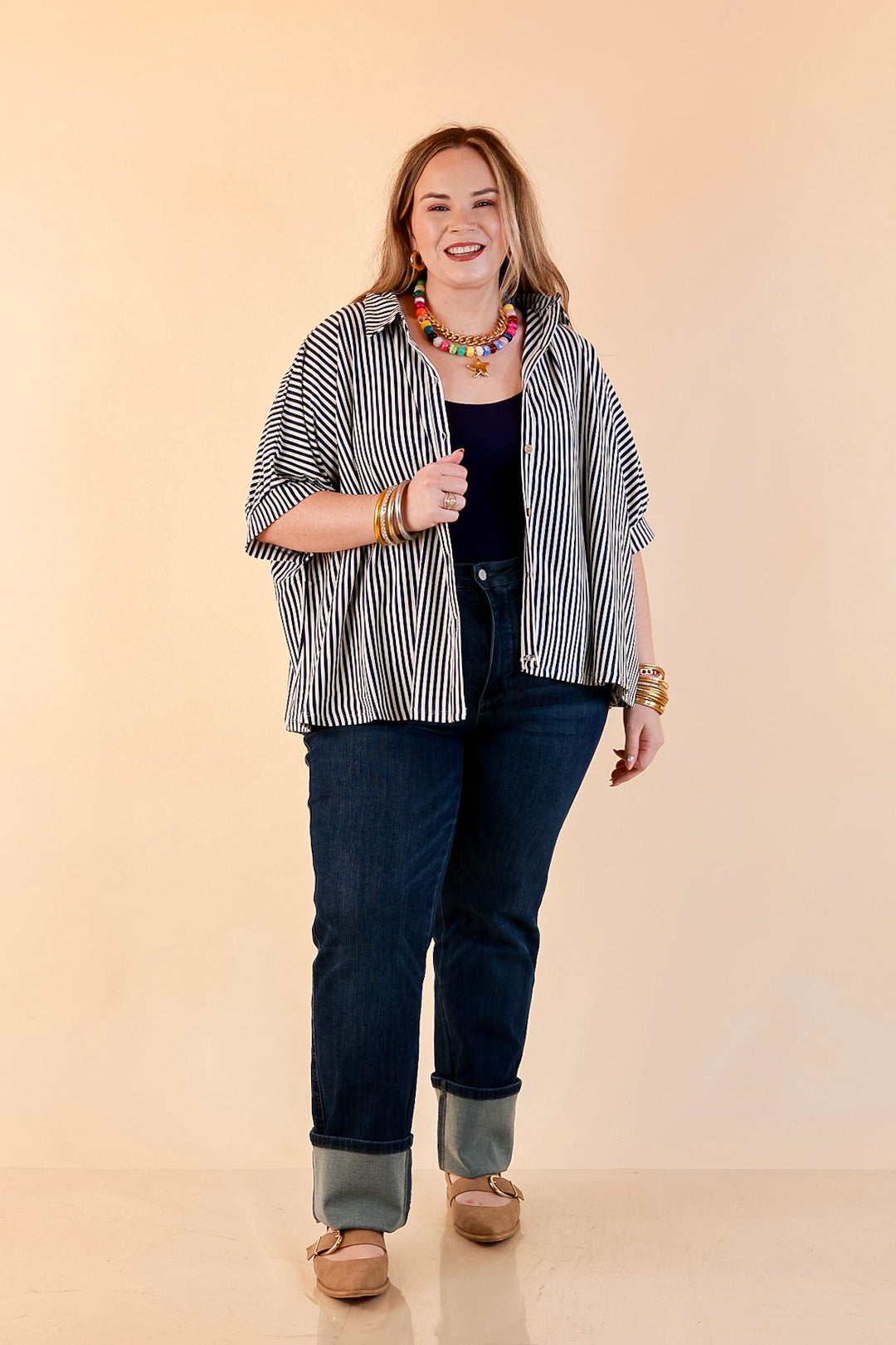 Perfectly Aligned Button Down Collared Top with Vertical Ivory Stripe Detail in Navy Blue