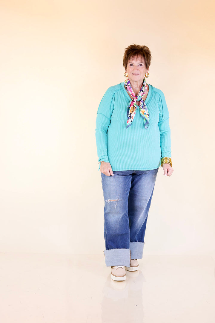 Daily Perfection V-Neck Long Sleeve Ribbed Top in Turquoise Blue