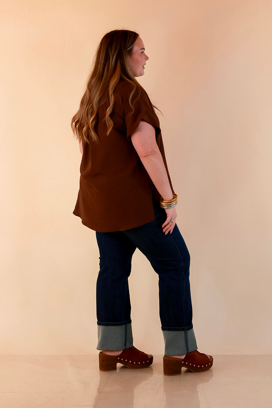 Timeless Appeal Woven Airflow Button Front Top with Rolled Cuff Short Sleeves and Front Pocket in Chocolate Brown