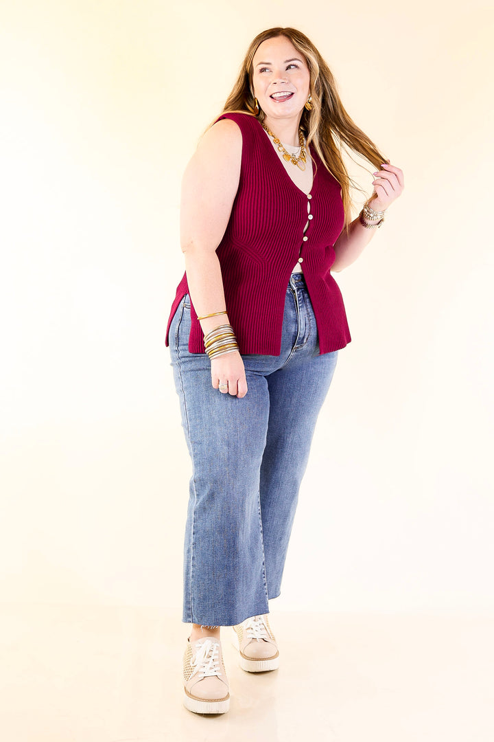 Sharp and Chic Button Front Ribbed Knit Sweater Vest in Maroon
