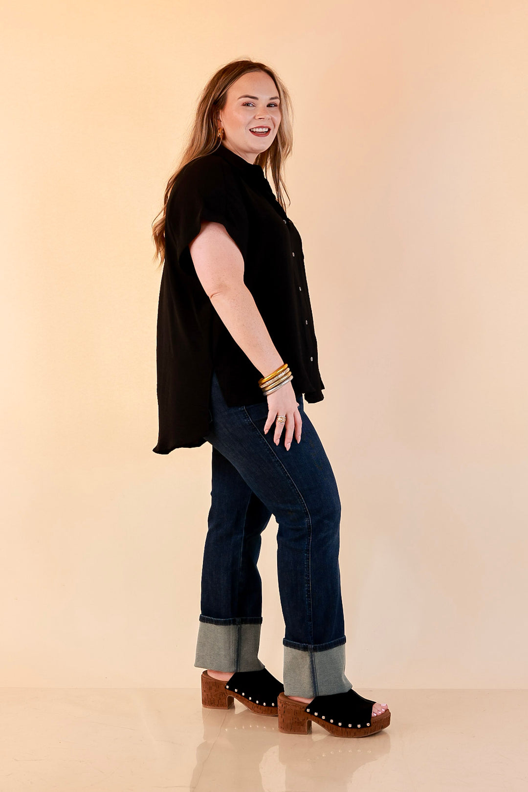 Timeless Appeal Woven Airflow Button Front Top with Rolled Cuff Short Sleeves and Front Pocket in Black