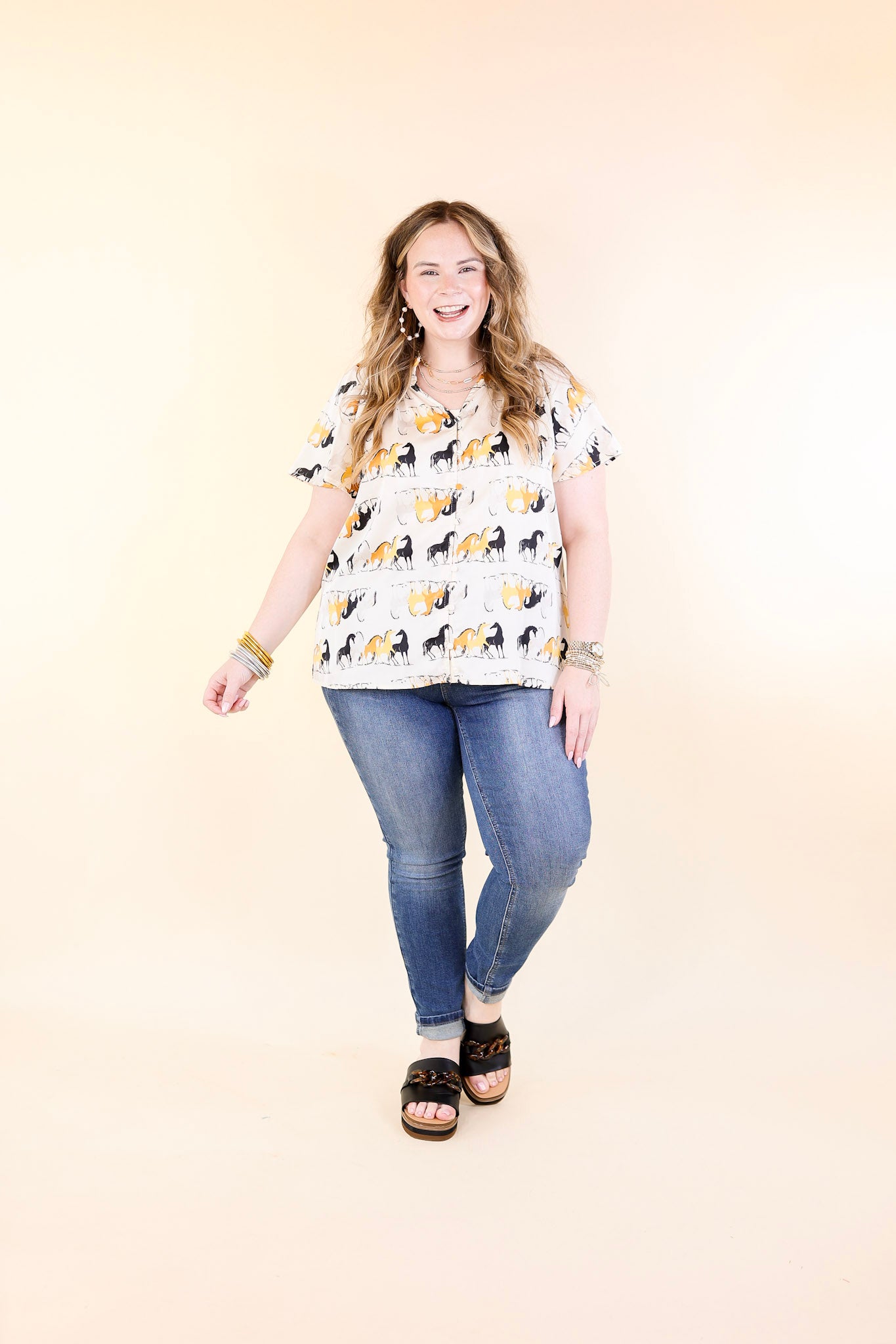 Away We Go Button Up Horse Print Shirt in Ivory