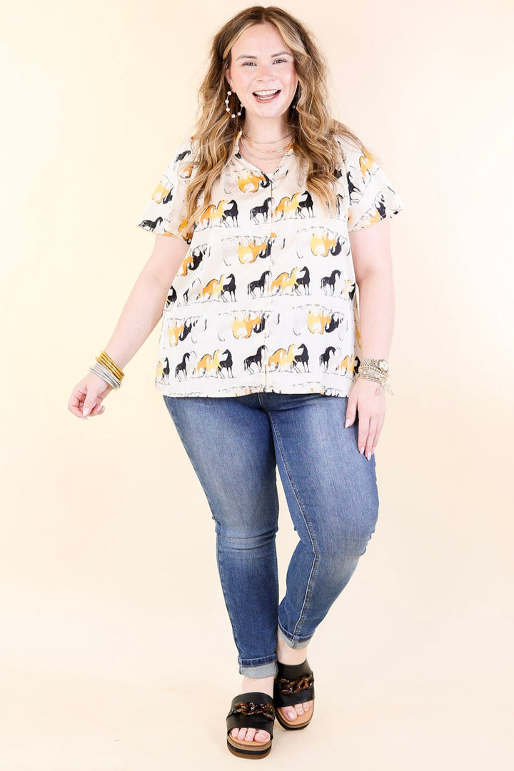 Away We Go Button Up Horse Print Shirt in Ivory