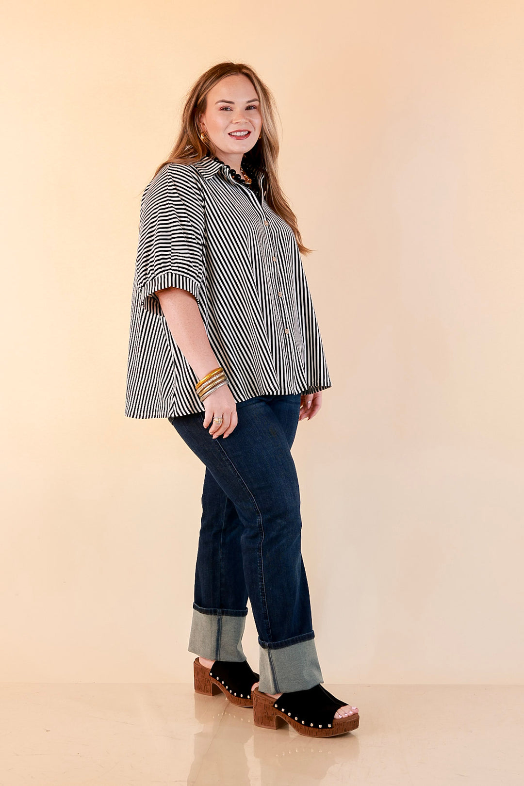 Perfectly Aligned Button Down Collared Top with Vertical Ivory Stripe Detail in Black