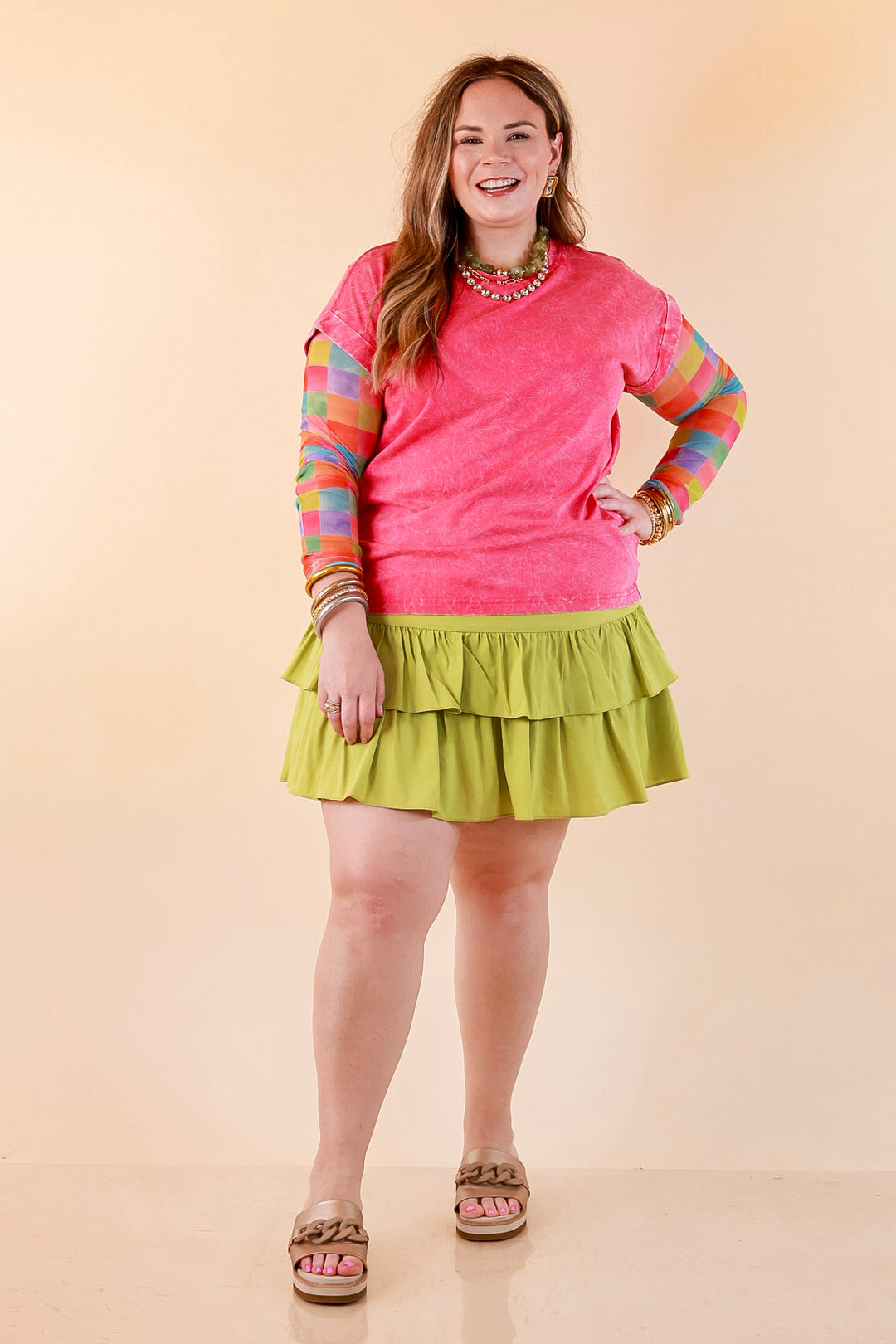 The Essential Layer Watercolor Checkered Print Sheer Mesh Long Sleeve Top in Multicolor