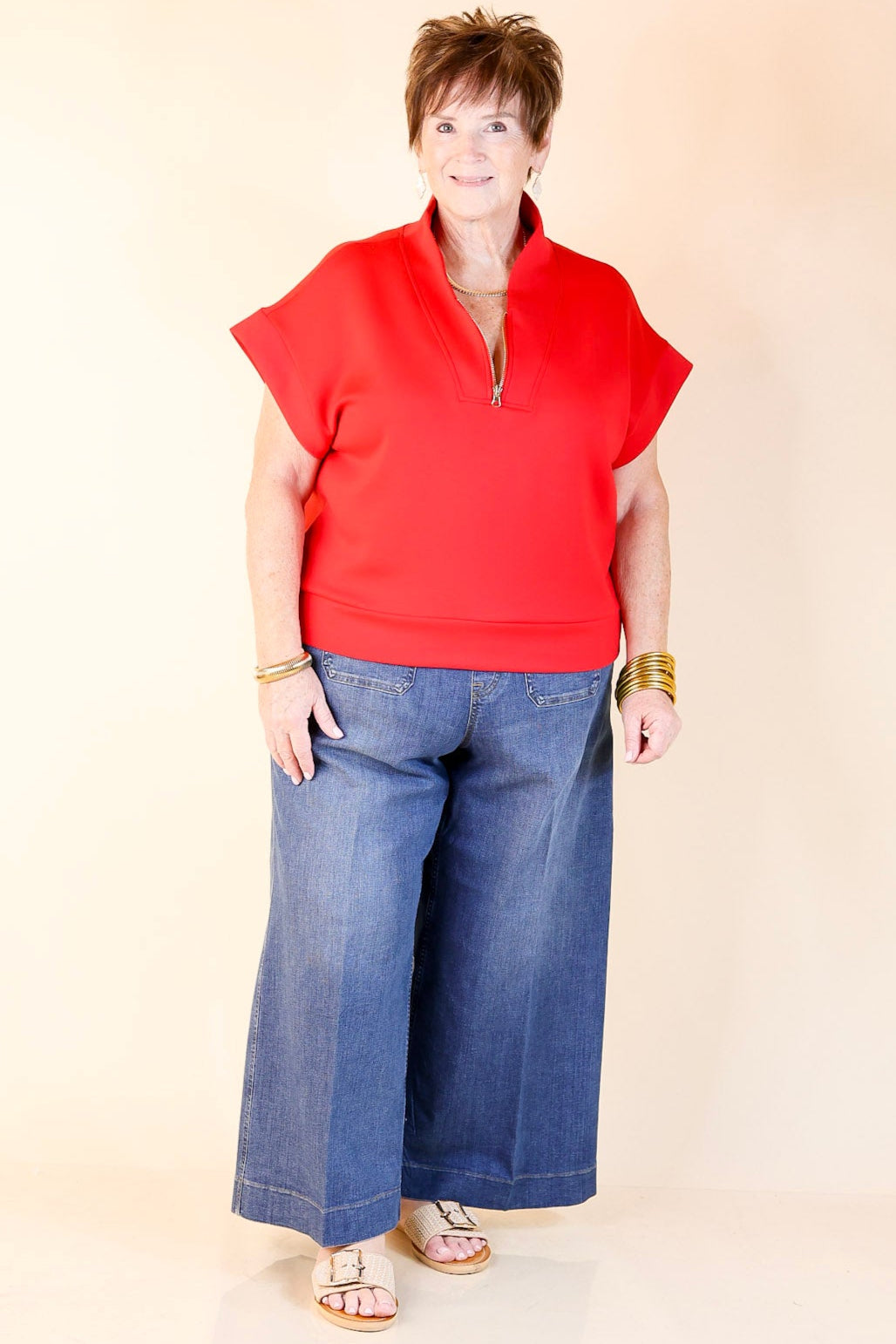 Top Priority Half Zip Collared Scuba Top in Red