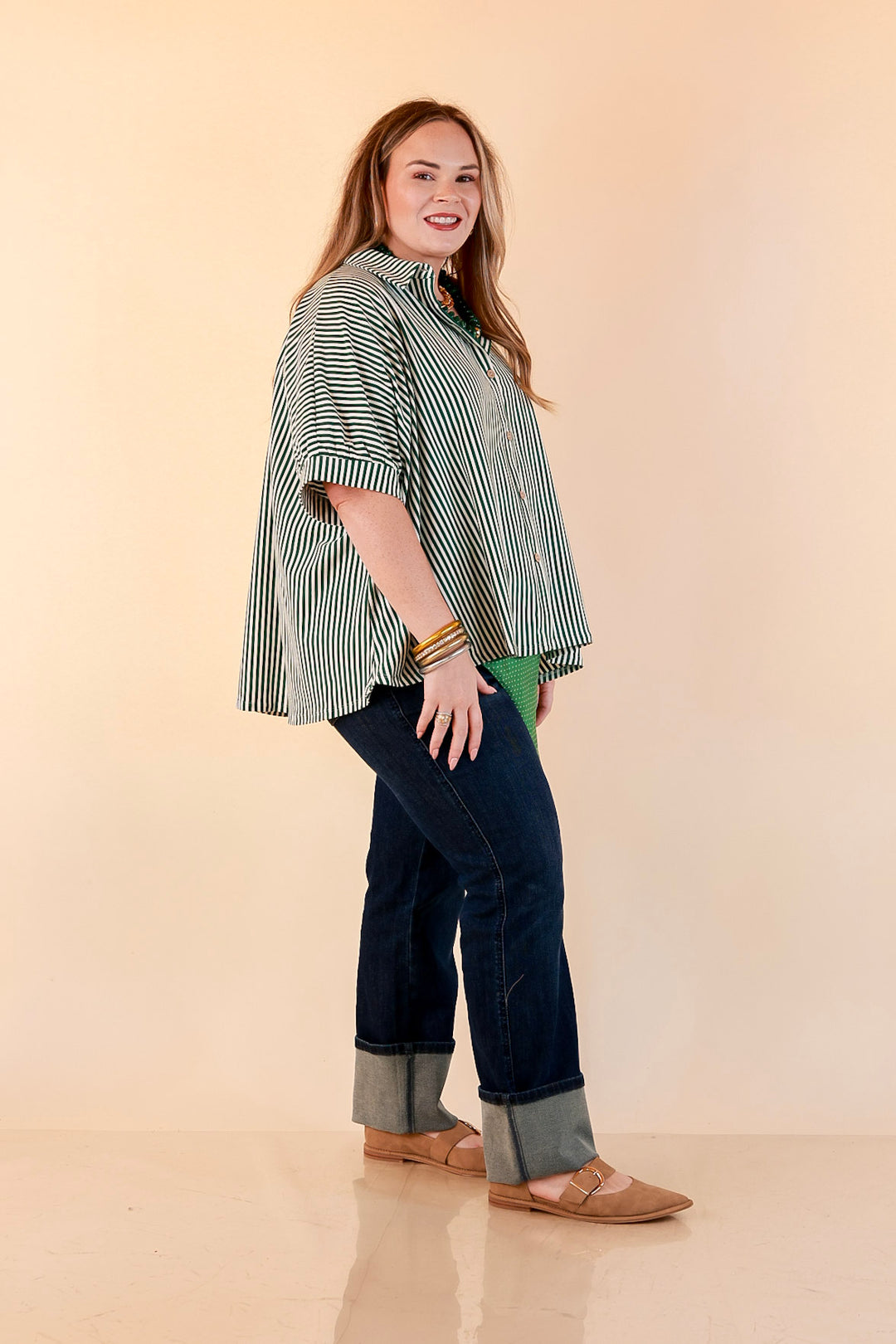 Perfectly Aligned Button Down Collared Top with Vertical Ivory Stripe Detail in Forest Green