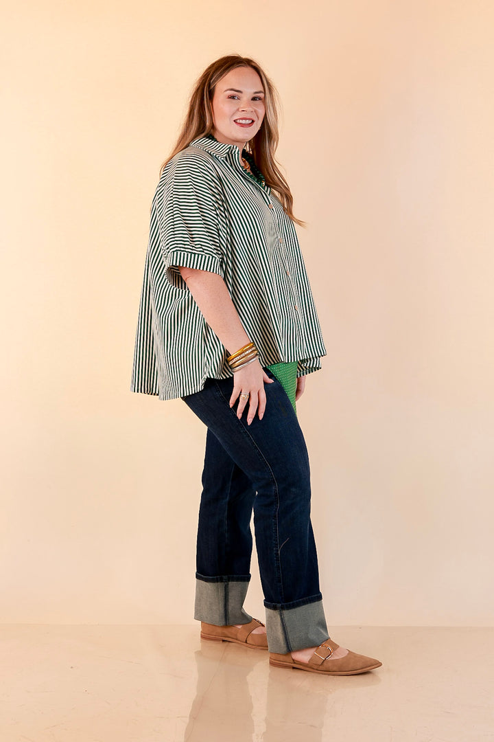 Perfectly Aligned Button Down Collared Top with Vertical Ivory Stripe Detail in Forest Green