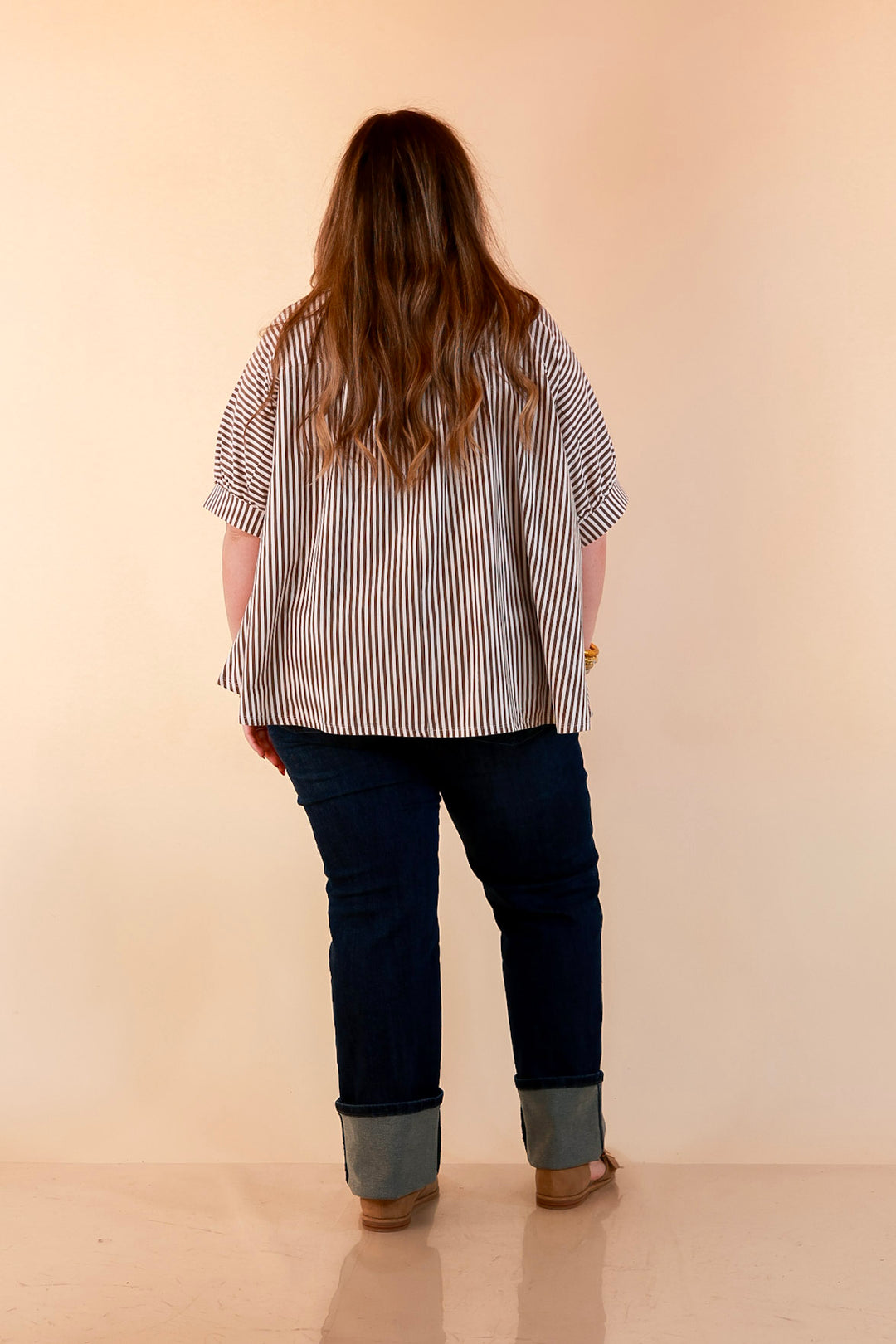 Perfectly Aligned Button Down Collared Top with Vertical Ivory Stripe Detail in Taupe Brown
