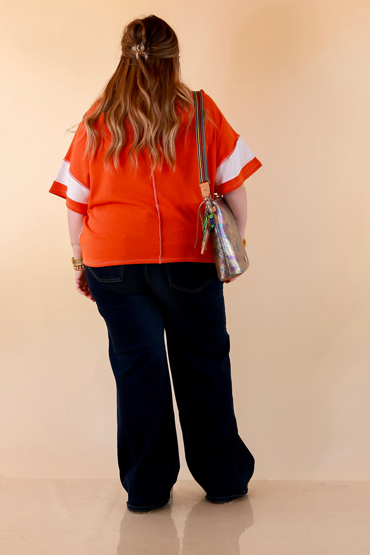 Simply Styled Color Block Rugby Style Relaxed Short Sleeve Top in Orange