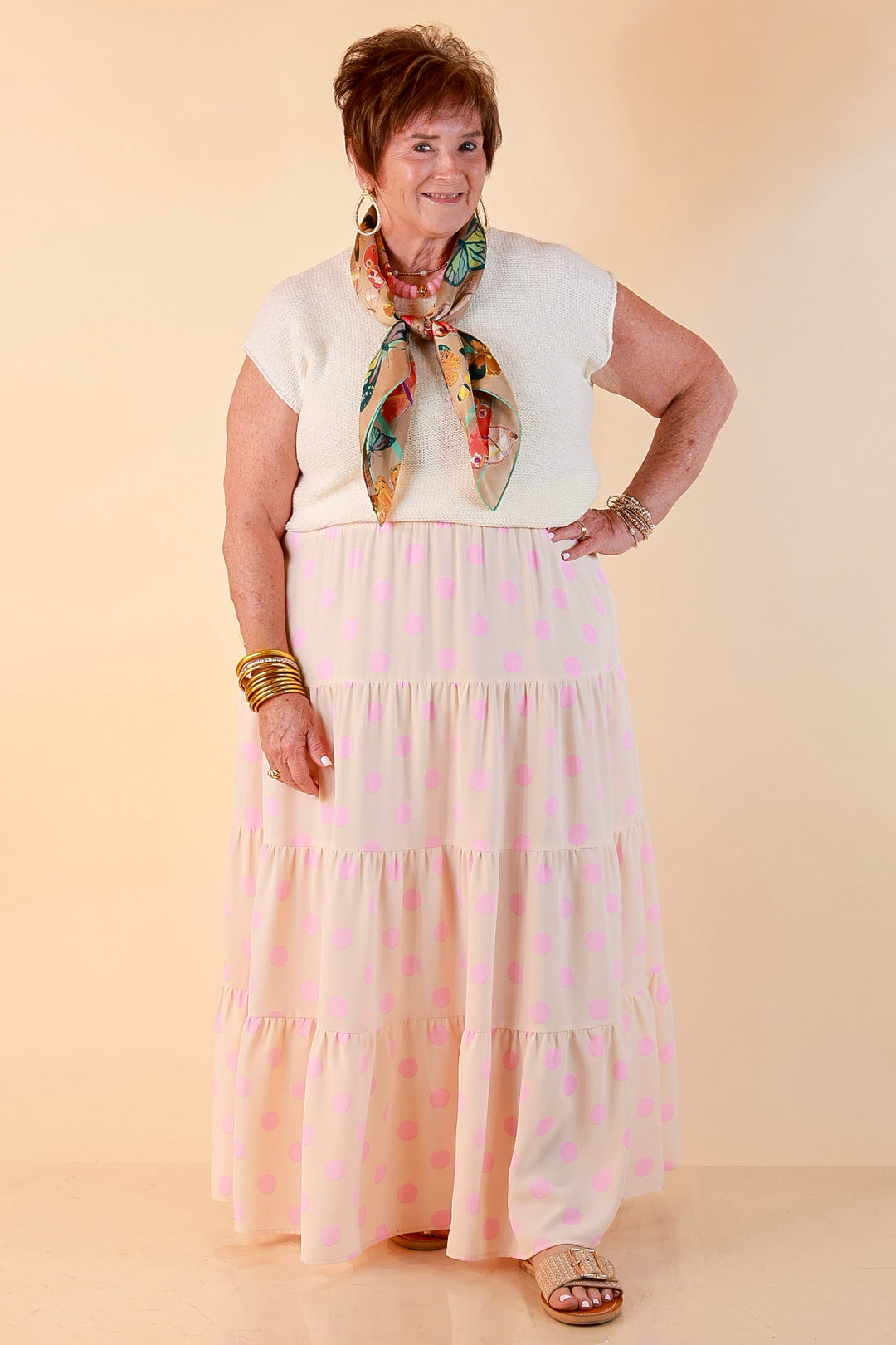 Sweet Spot Polka Dot Print Tiered Maxi Skirt with Elastic Waistband in Cream and Pink