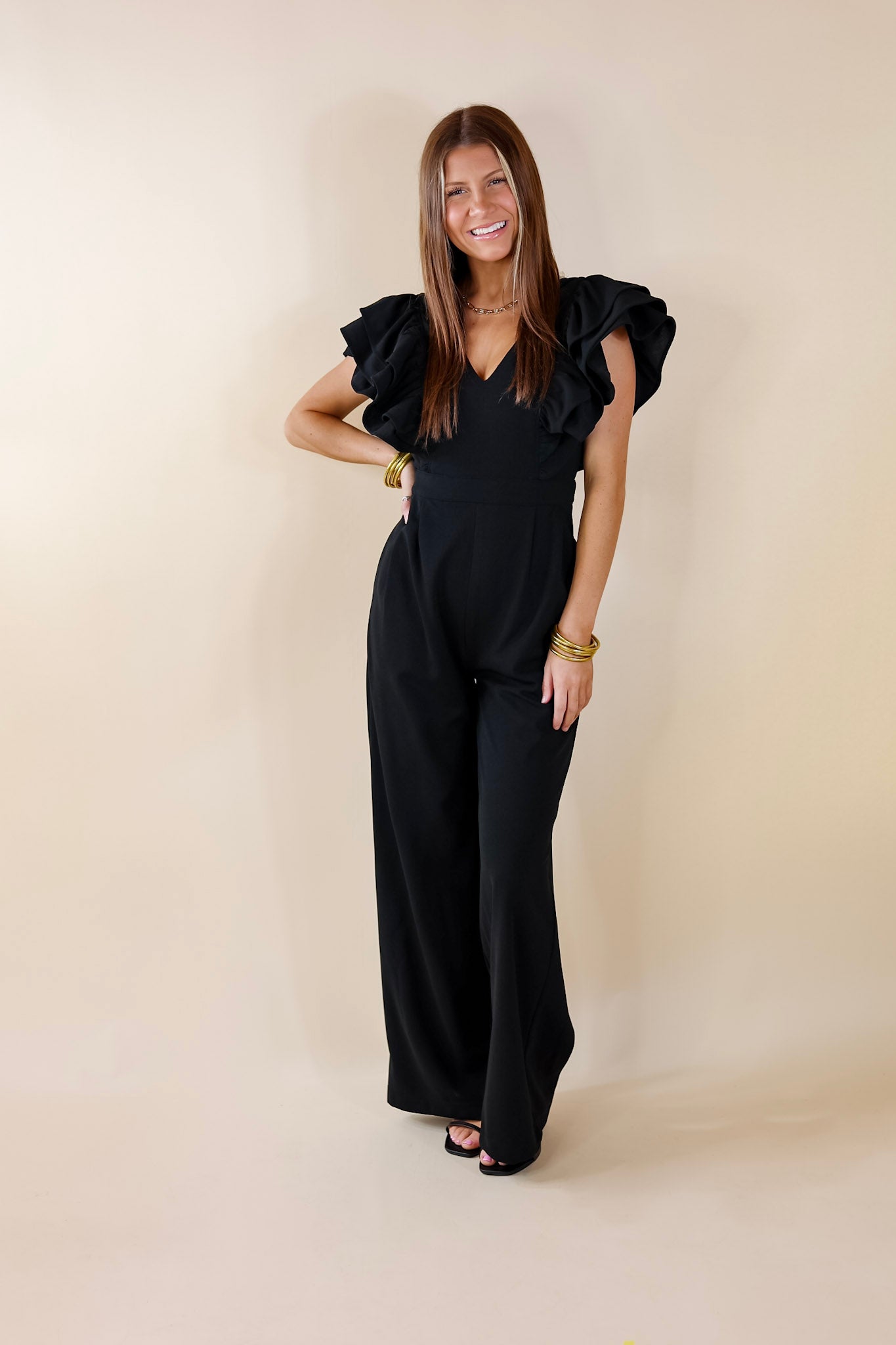 Superstar Style V Neck Jumpsuit with Ruffle Sleeves in Black
