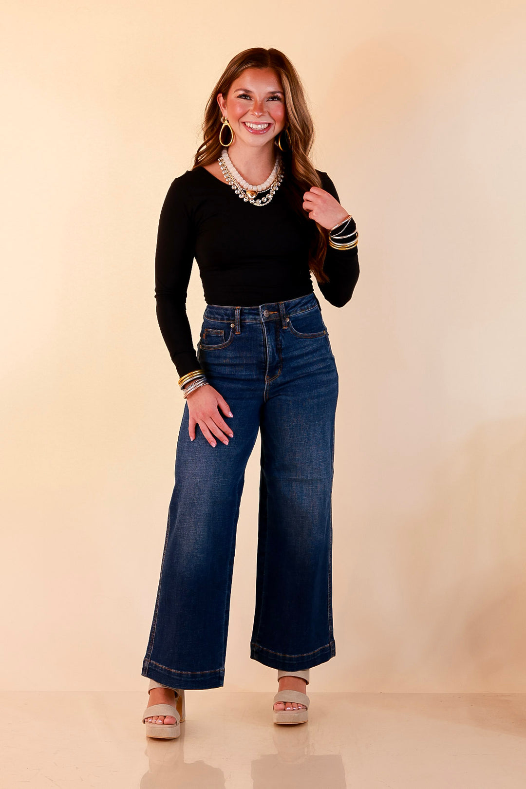 Judy Blue | Wide Open Style Ankle Length Cropped Wide Leg Tummy Control Trouser Denim Jeans in Dark Wash