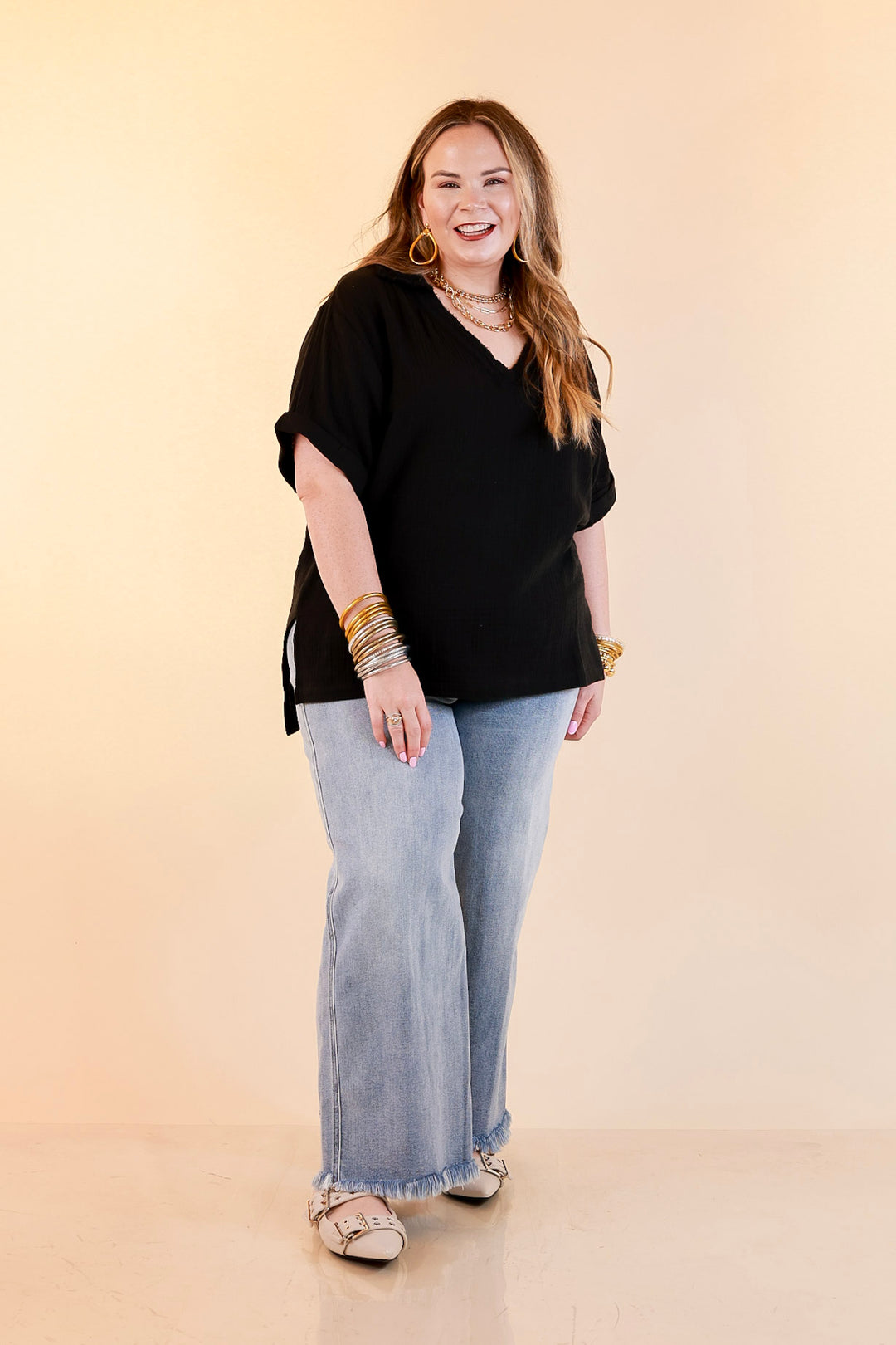 Quite Appropriate Short Sleeve Collared V Neck Linen Top with Rolled Sleeve Detail in Black