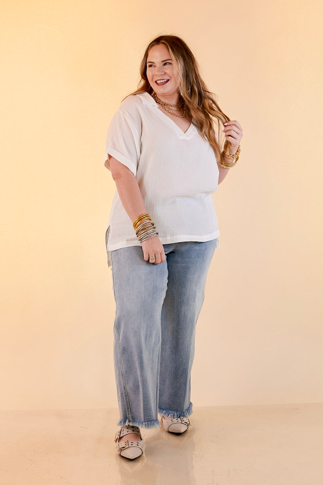 Quite Appropriate Short Sleeve Collared V Neck Linen Top with Rolled Sleeve Detail in White