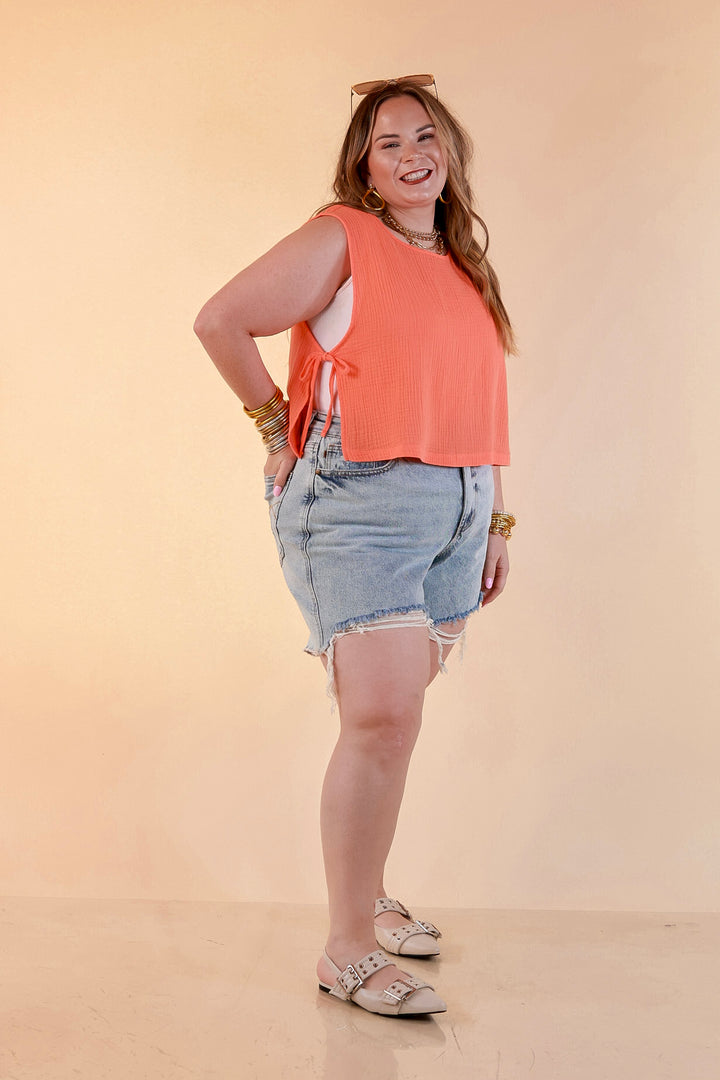 Tie it Together Sleeveless Linen Tank Top with Side Tie Detail in Coral Orange