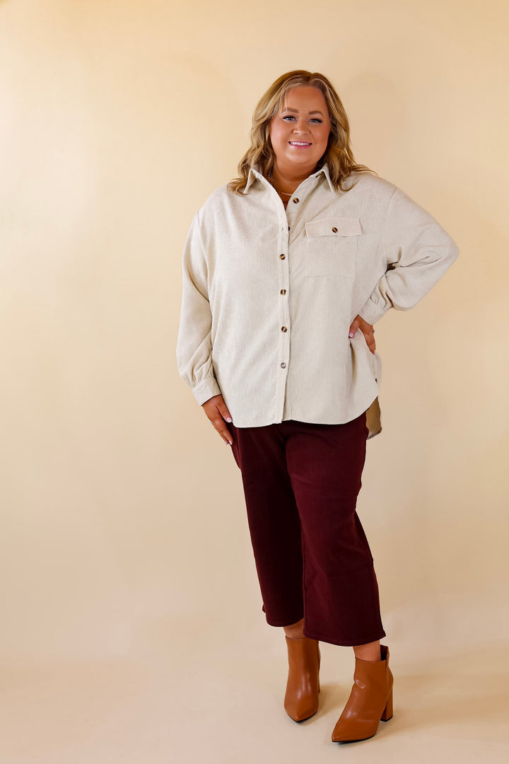 All Dolled Up Button Up Corduroy Shacket in Ivory - Giddy Up Glamour Boutique