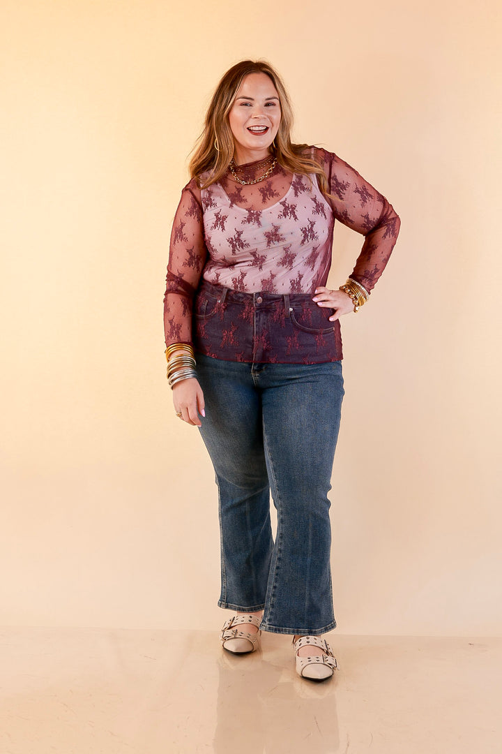 Delicate Charm Long Sleeve Sheer Lace Top with Mock Neck in Dark Purple
