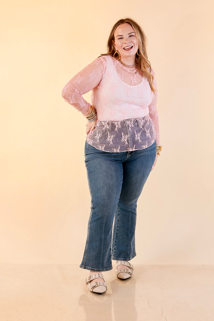 Delicate Charm Long Sleeve Sheer Lace Top with Mock Neck in Pale Pink