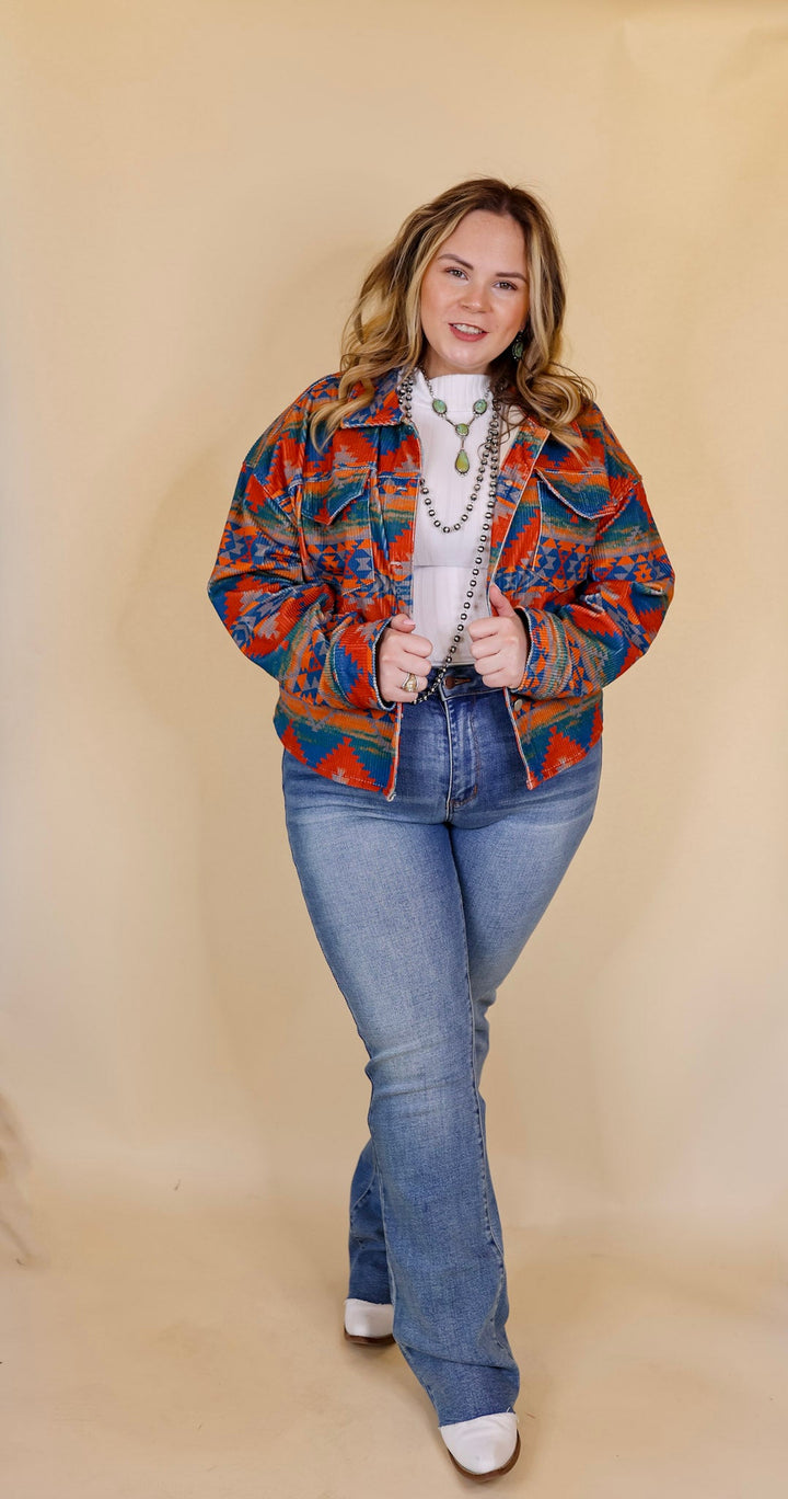Edgy and Chic Button Up Corduroy Aztec Print Jacket in Red and Blue - Giddy Up Glamour Boutique
