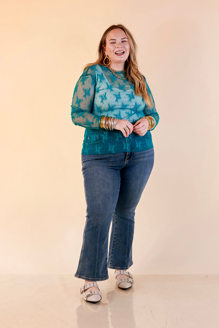 Delicate Charm Long Sleeve Sheer Lace Top with Mock Neck in Turquoise Blue