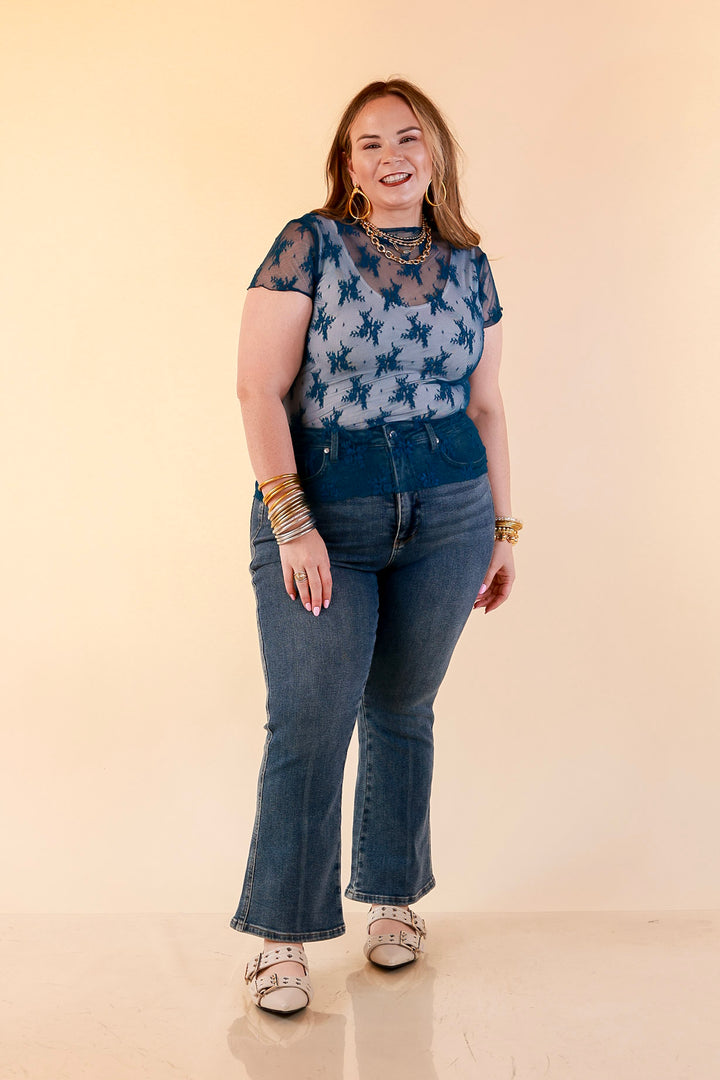Lovely in Lace Sheer Mock Neck Short Sleeve Top in Teal Blue