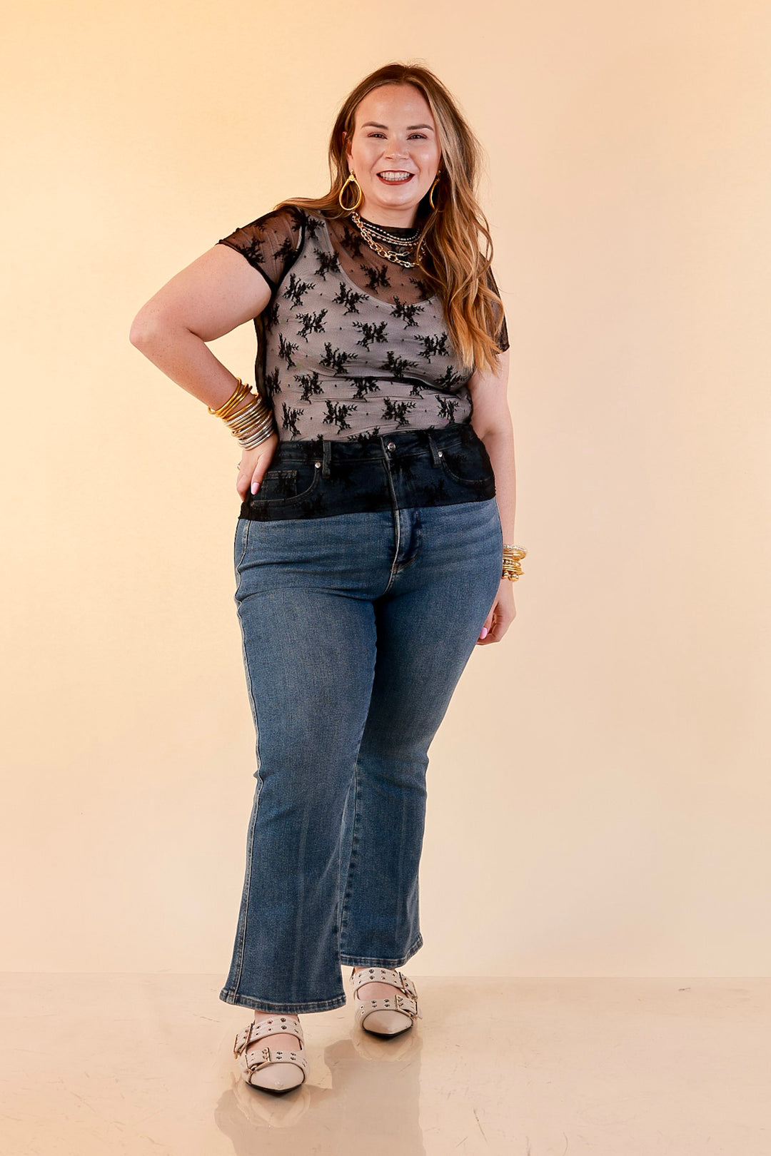 Lovely in Lace Sheer Mock Neck Short Sleeve Top in Black