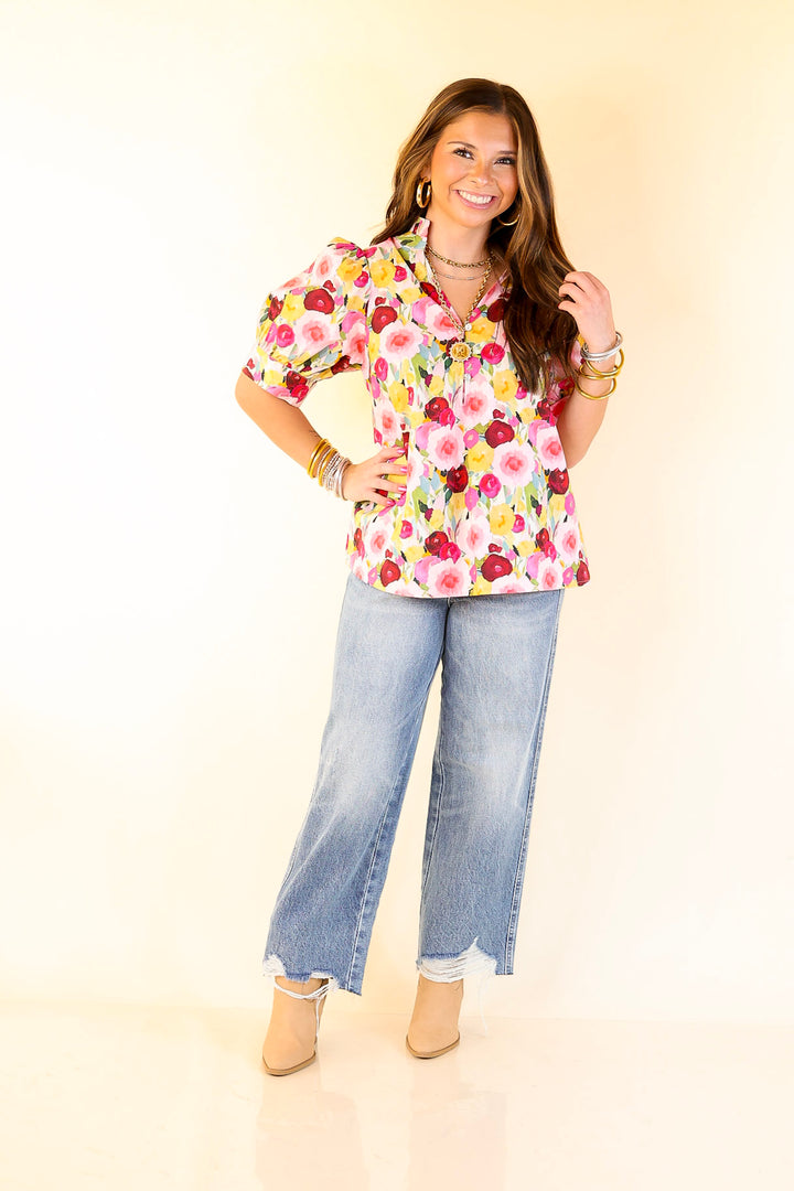 Brighter Blooms Ahead Floral Print Top with Ruffle Collar and Puff Sleeves in Multi
