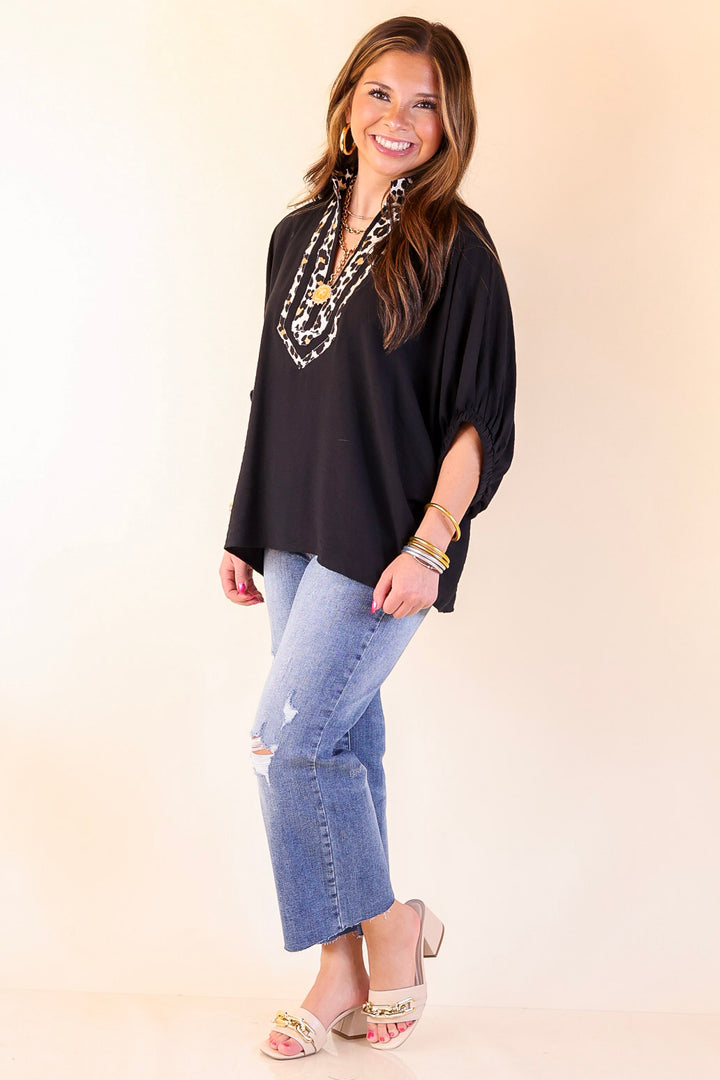 Naturally Stylish Leopard Print Trim Poncho Top in Black