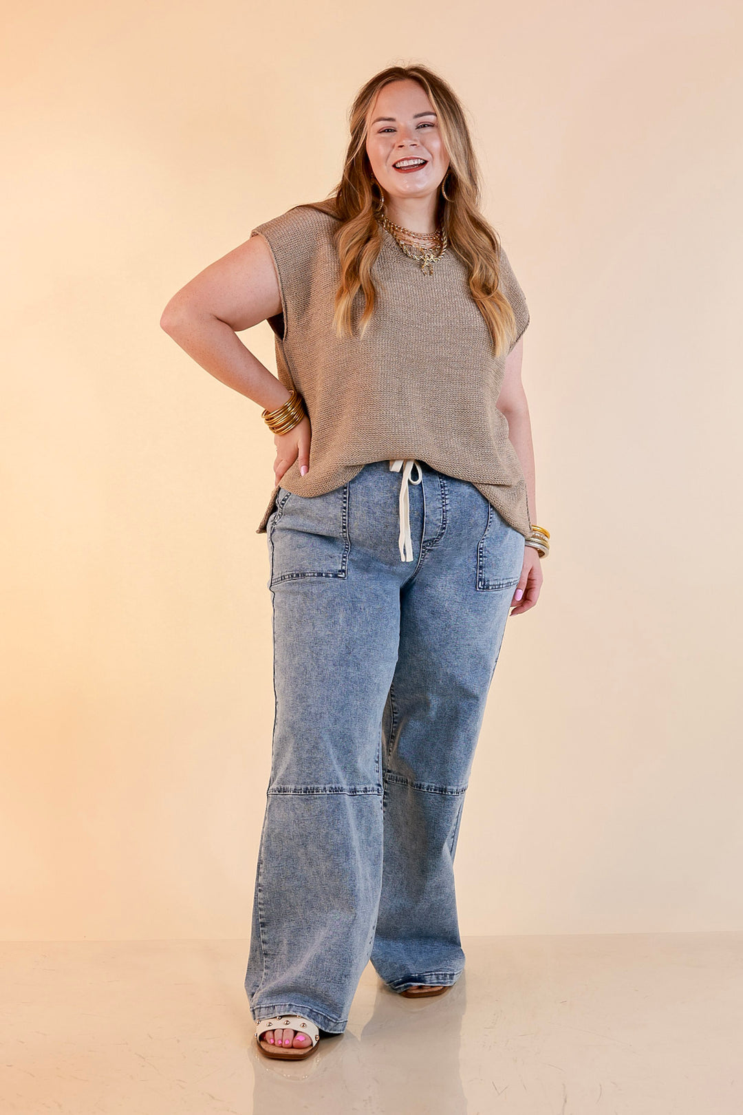 Simply Southern | Right This Way Wide Leg Drawstring Denim Utility Jeans in Acid Wash