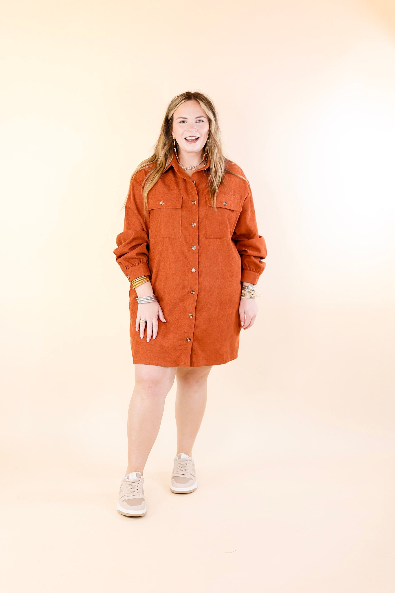 Peanut Brittle Button Up Corduroy Long Sleeve Dress in Rust Orange