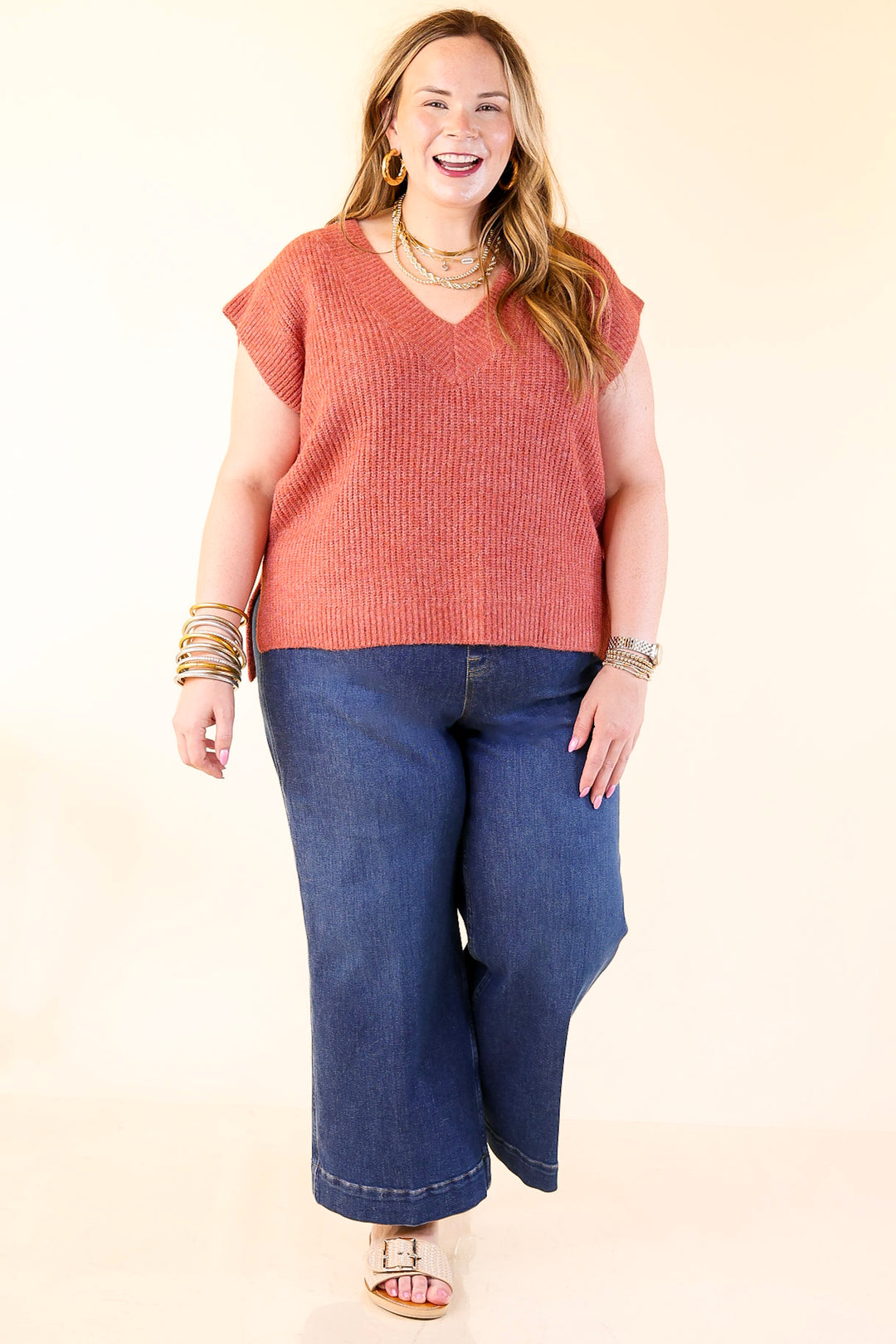 Fall For You Textured V-Neck Oversized Knit Sweater Vest Top in Rust Orange