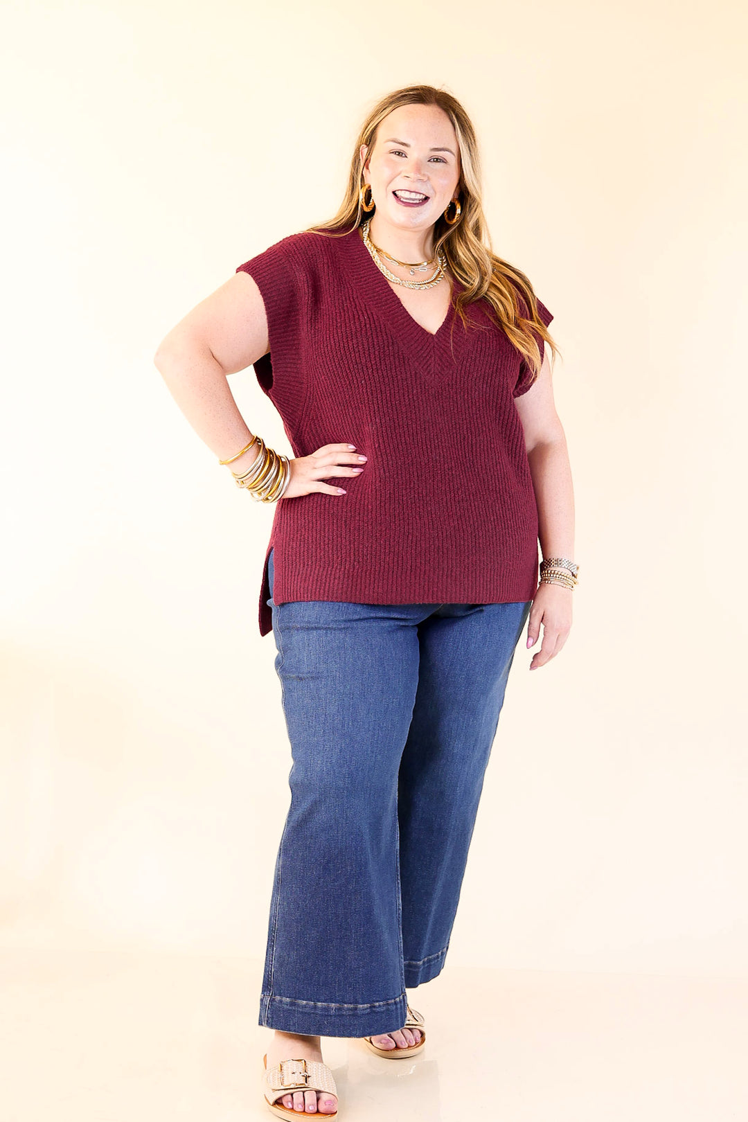 Fall For You Textured V-Neck Oversized Knit Sweater Vest Top in Maroon