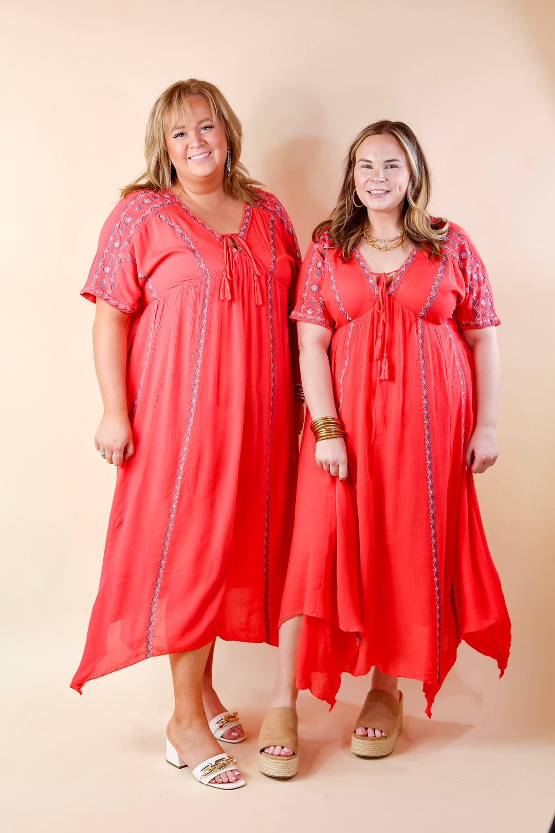 Just For You Embroidered Maxi Dress with Tassel Tie Neck in Coral - Giddy Up Glamour Boutique