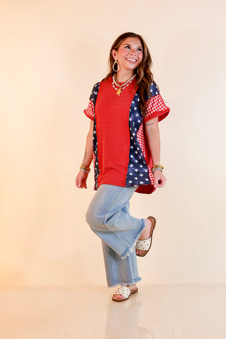 Make Your Mark Ribbed Scoop Neck Mixed Print Short Sleeve Top with Star and Gingham Detailing in Red