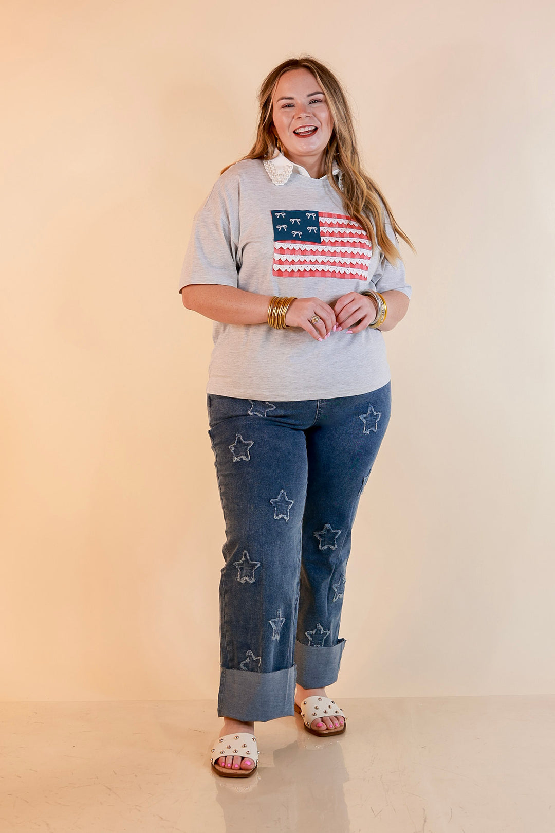 Simply Southern | American It Girl Short Sleeve Graphic Tee with Lace Flag Applique in Heather Grey